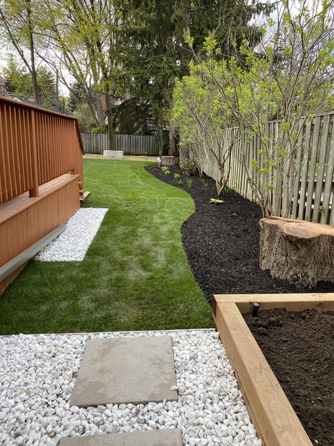 A backyard with a gravel path and a wooden fence.