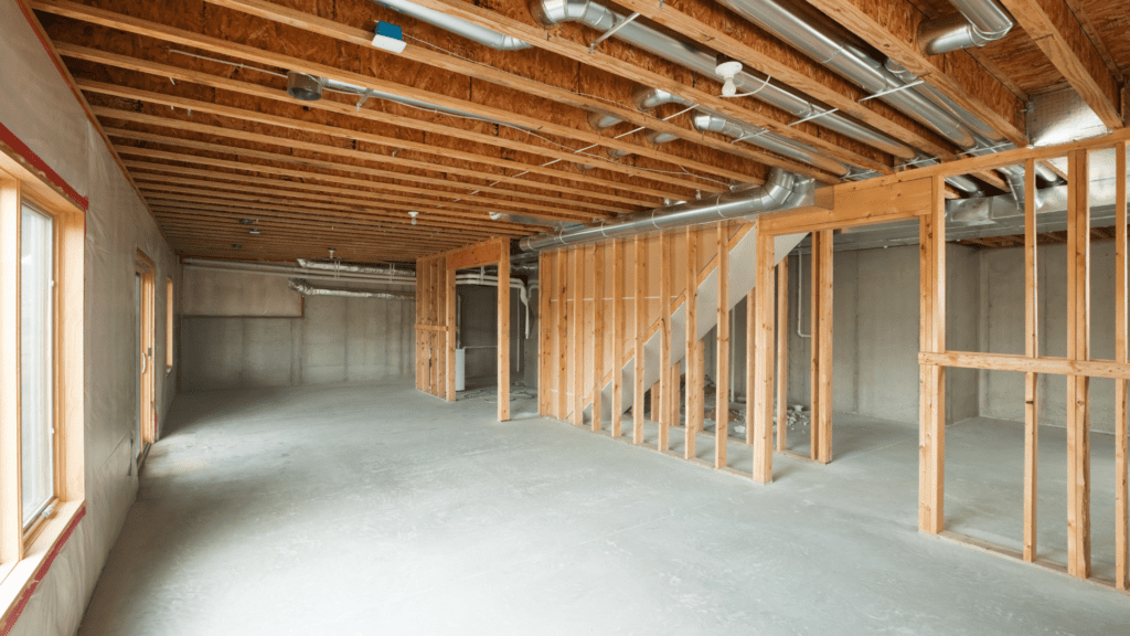 unfinished basement with exposed framing and concrete floors